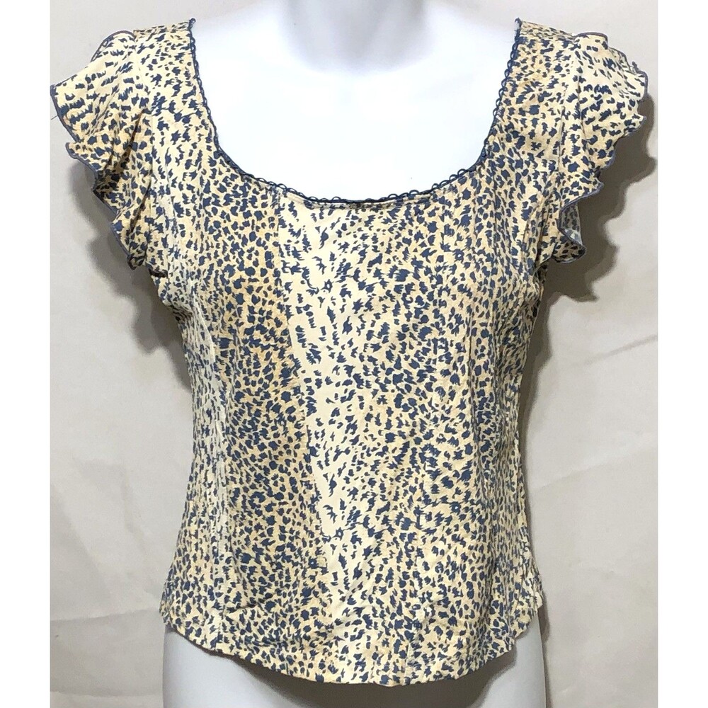 Vintage 579 Top M Jrs Blue Cream Animal print Split Flutter Sleeve Y2K Whimsy